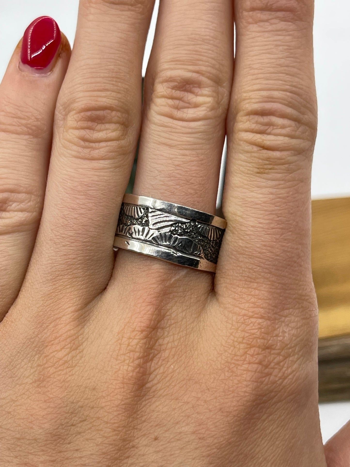 9.0 Silver Overlay Storyteller Ring by Elaine Becenti, Navajo