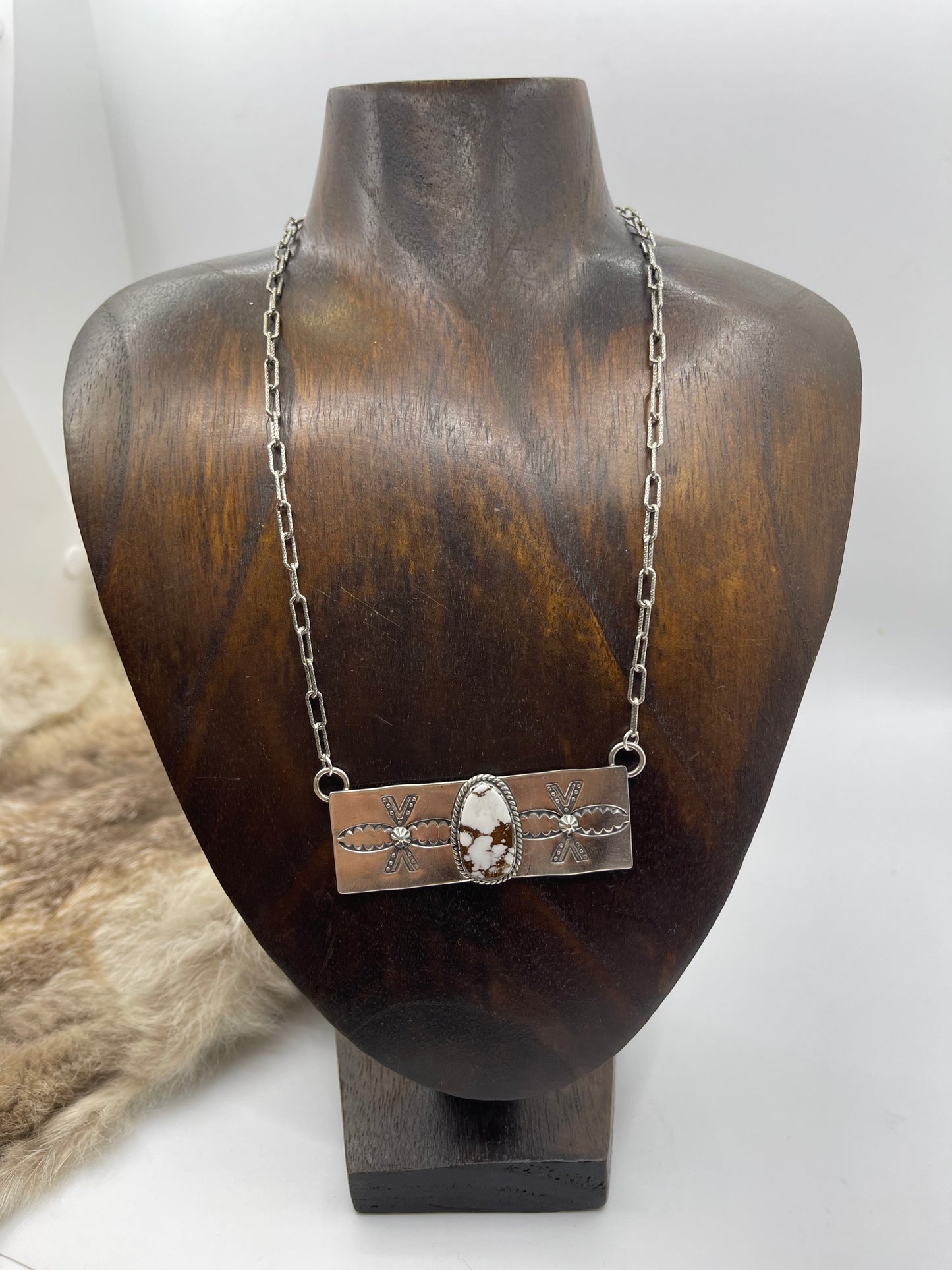 17" White Horse Necklace by Gabby Jurado, Navajo