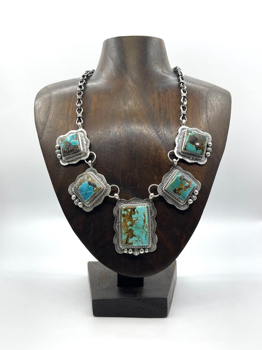 5 Stone Black Jack Turquoise Necklace 18” by Lyle Piaso, Navajo