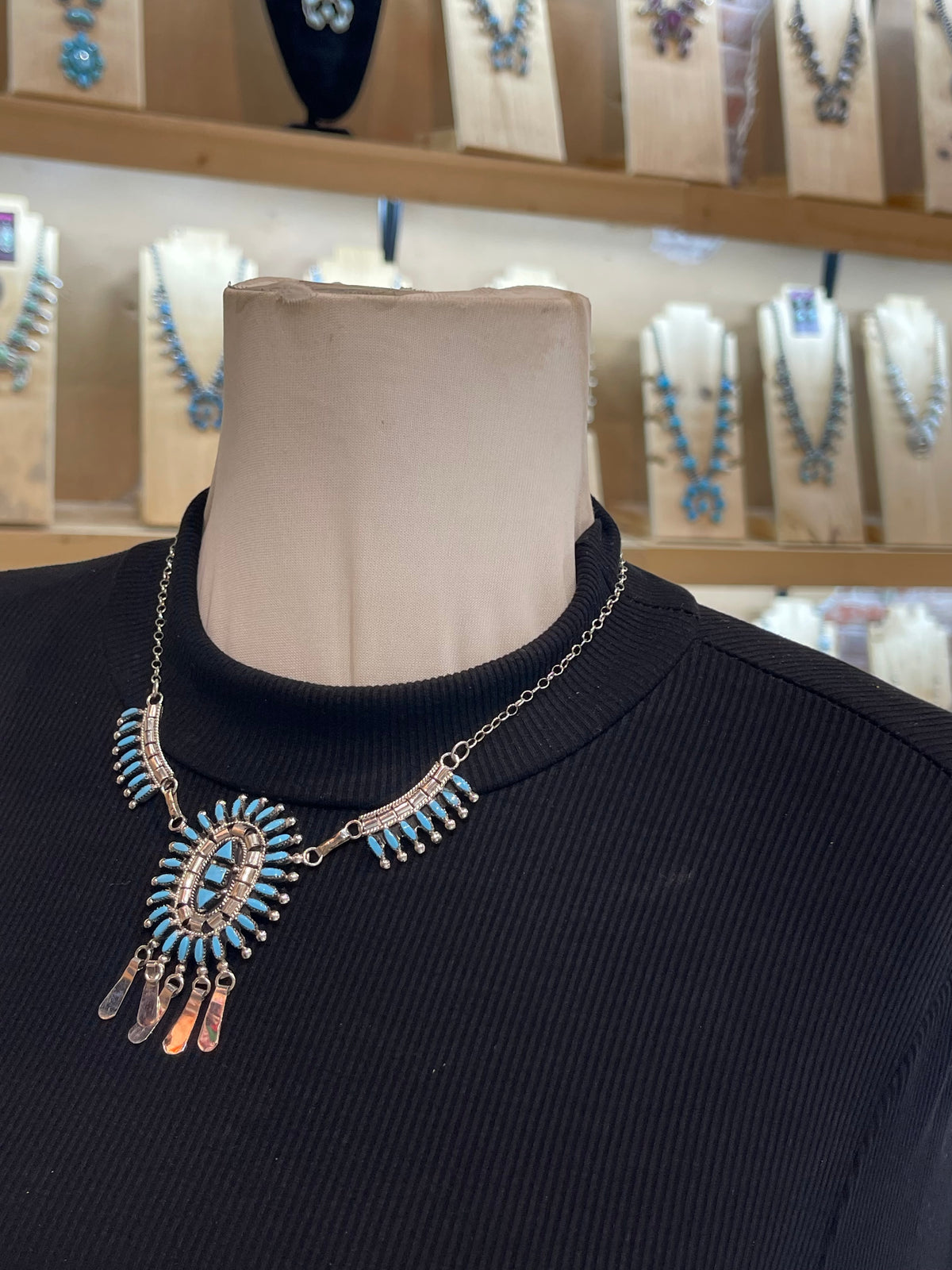 LOT 16 9/20 Sleeping Beauty Turquoise Needlepoint Necklace & Earring Set by Evonne Hutstito, Zuni