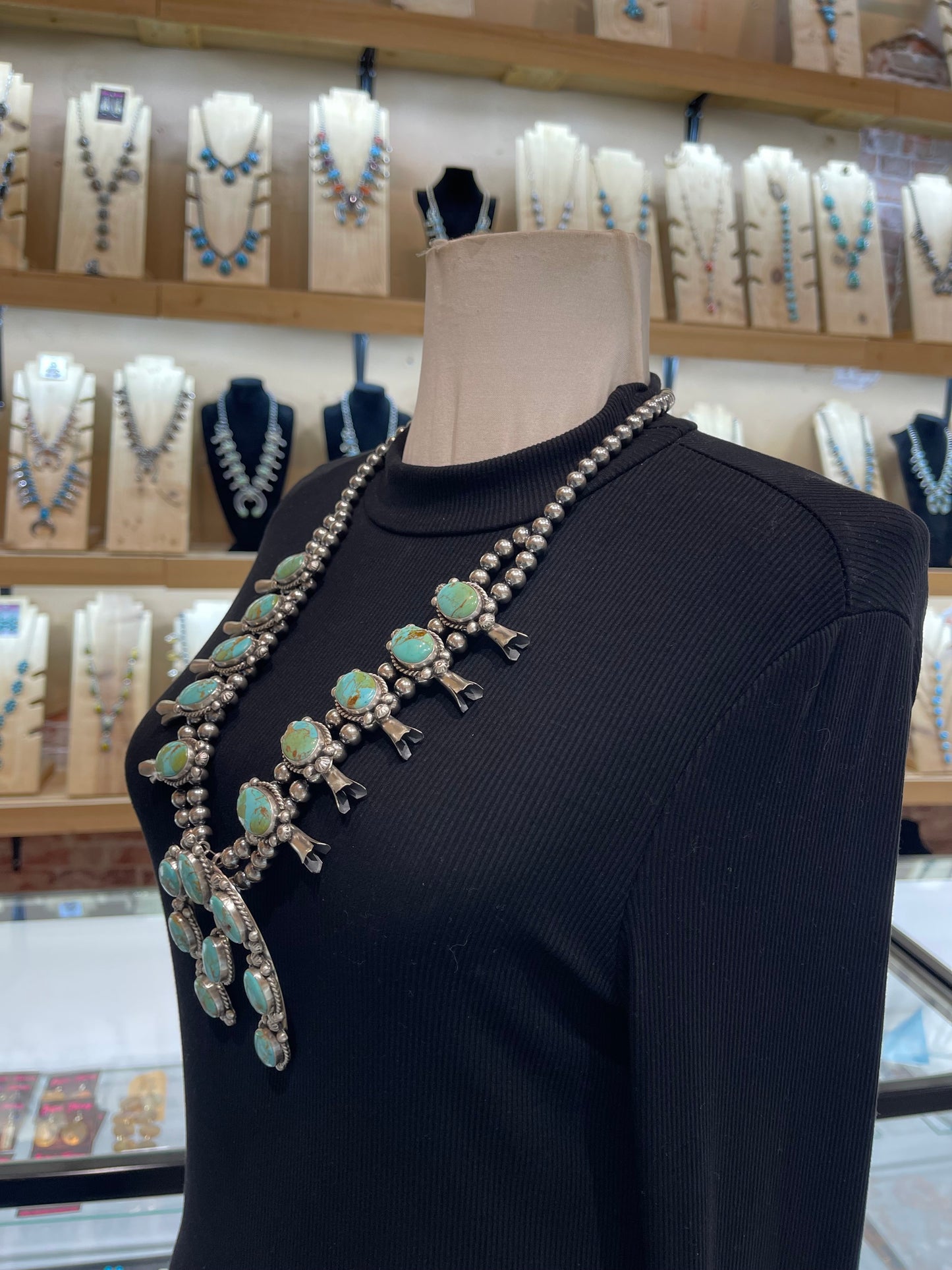 26" Kingman Turquoise Squash Blossom + 4” Naja & Earrings by Augustine Largo, Navajo
