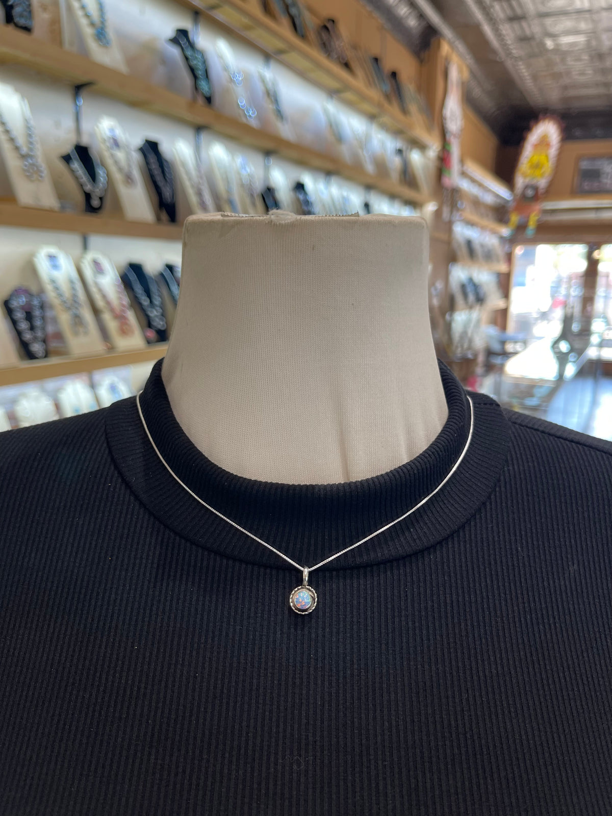 4.6mm Bail 18” White Opal Circle Pendant with Border by Carina Leekity, Zuni