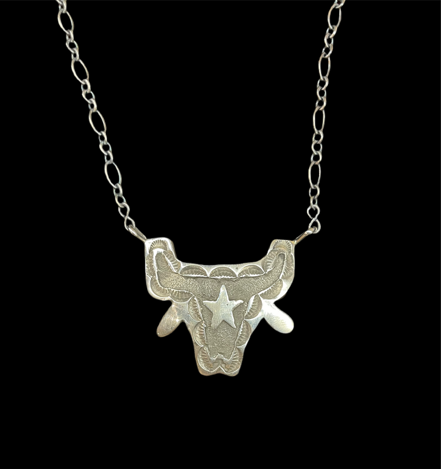 20" Sterling Silver Stamped Long Horn by Emerson Kinsel, Navajo