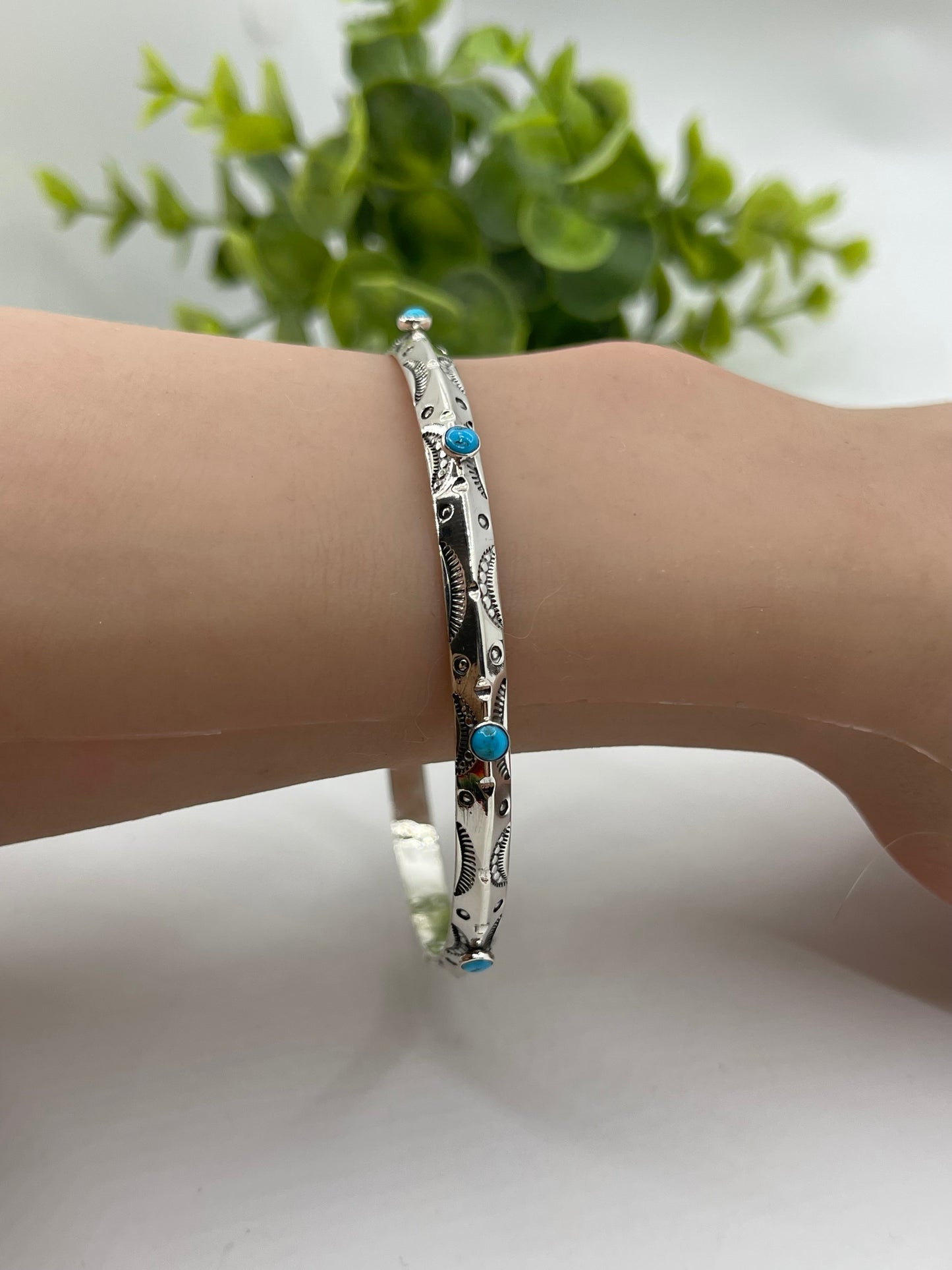 8" Stamped Triangle Wire Bandle with Turquoise by Phyllis A. Smith, Navajo