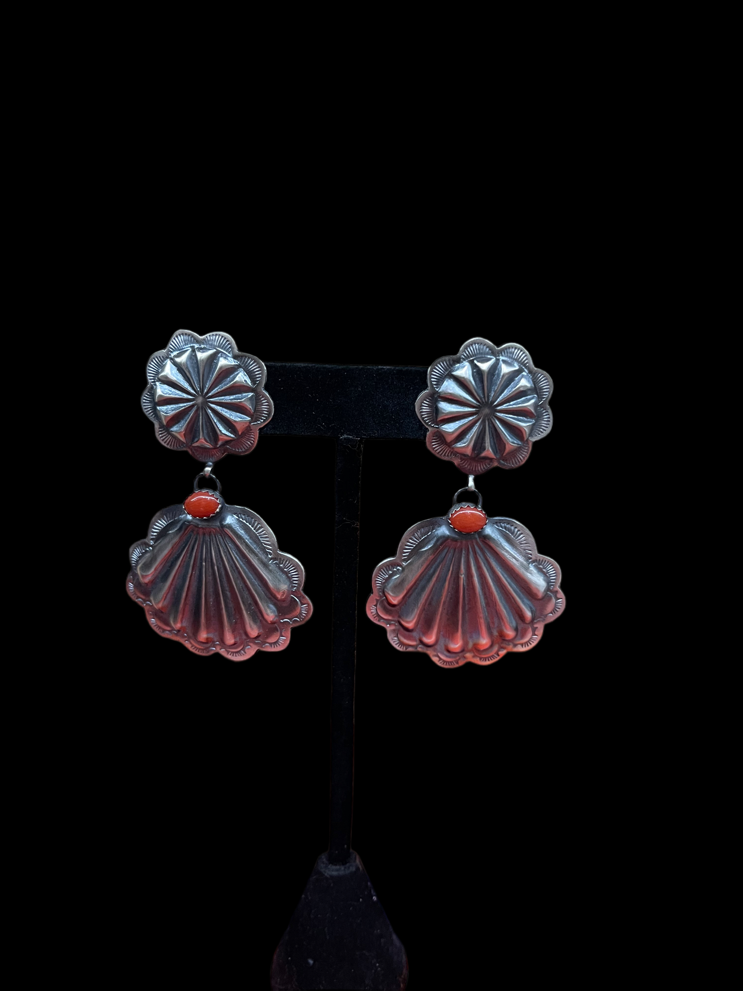 Red Coral Conch Earrings by Rita Daye, Navajo