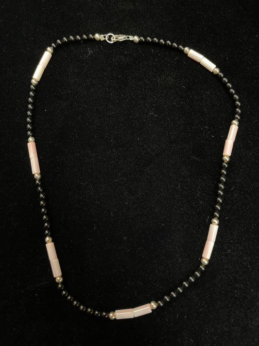 18" Black Onyx, Pink Conch Shell, and Silver Pearl Necklace