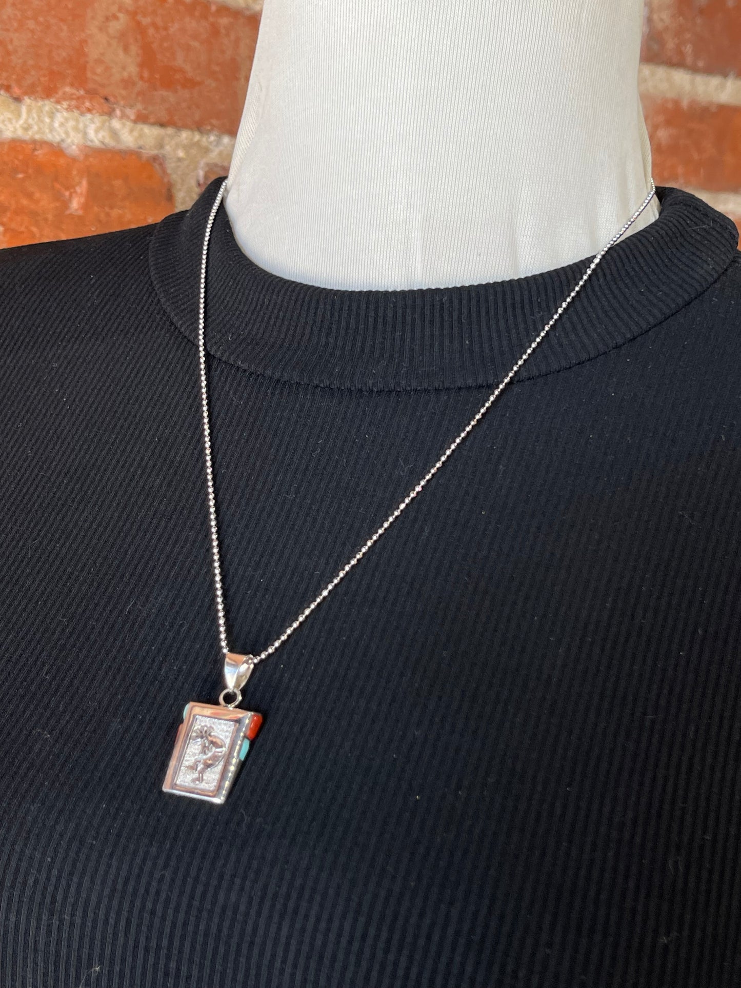 18" Turquoise and Red Coral Kokopelli Dancer Necklace by Leonard Jim, Navajo