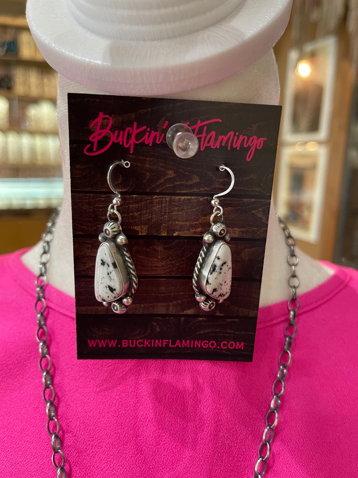 26" White Buffalo Lariat Necklace and Dangle Earrings Set by Anne Spencer, Navajo