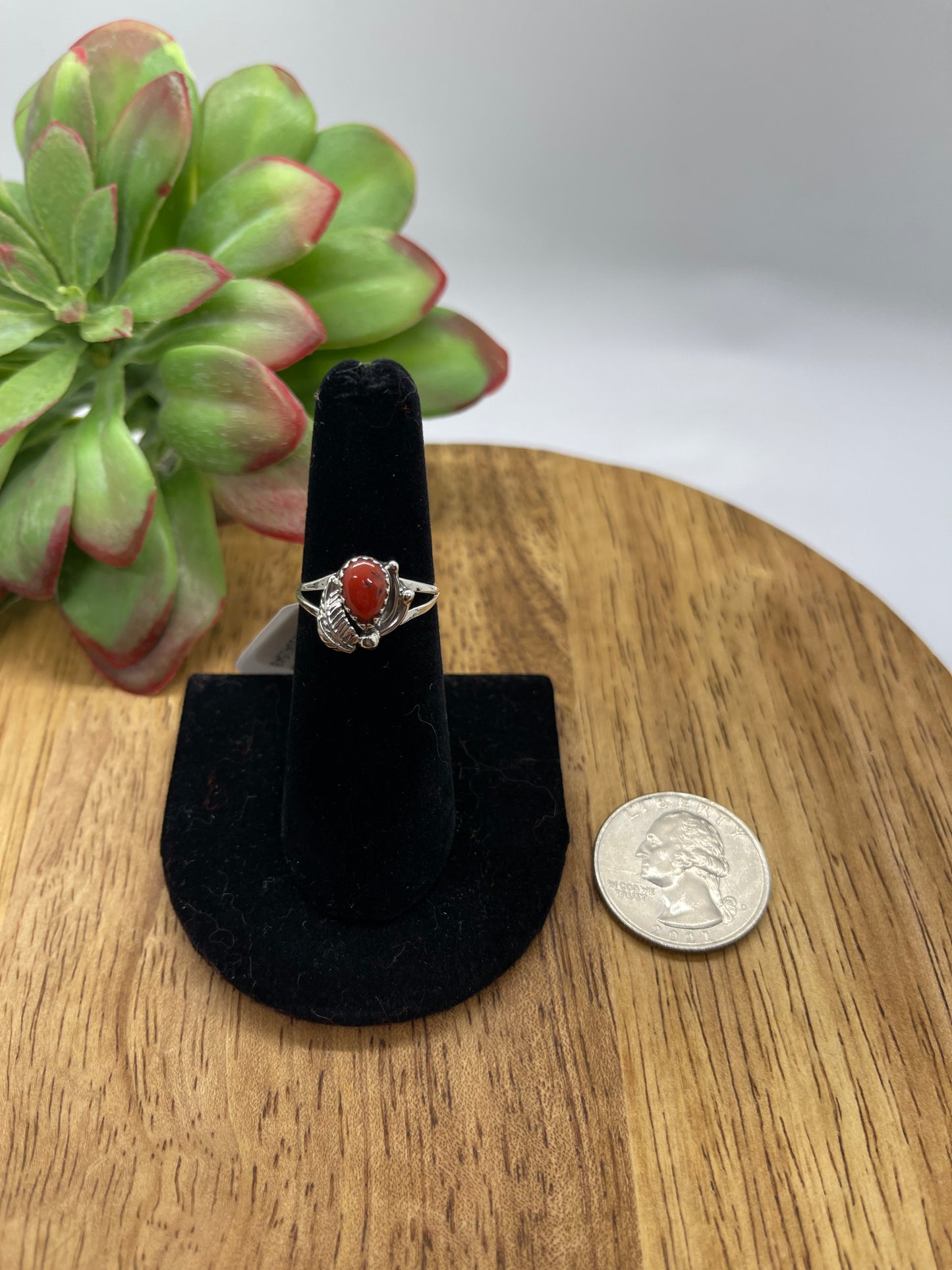 6.0 Dainty Red Coral Ring by Theresa Smith, Navajo
