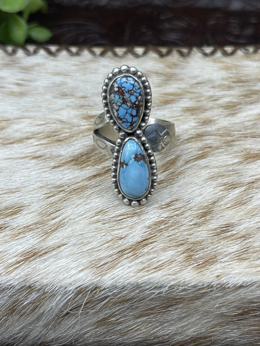 6.0 Adjustable 2 Stone Golden Hills Turquoise Ring
