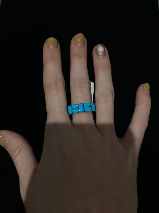 9.0 Inlay Turquoise Ring by Verna Kanesta, Zuni