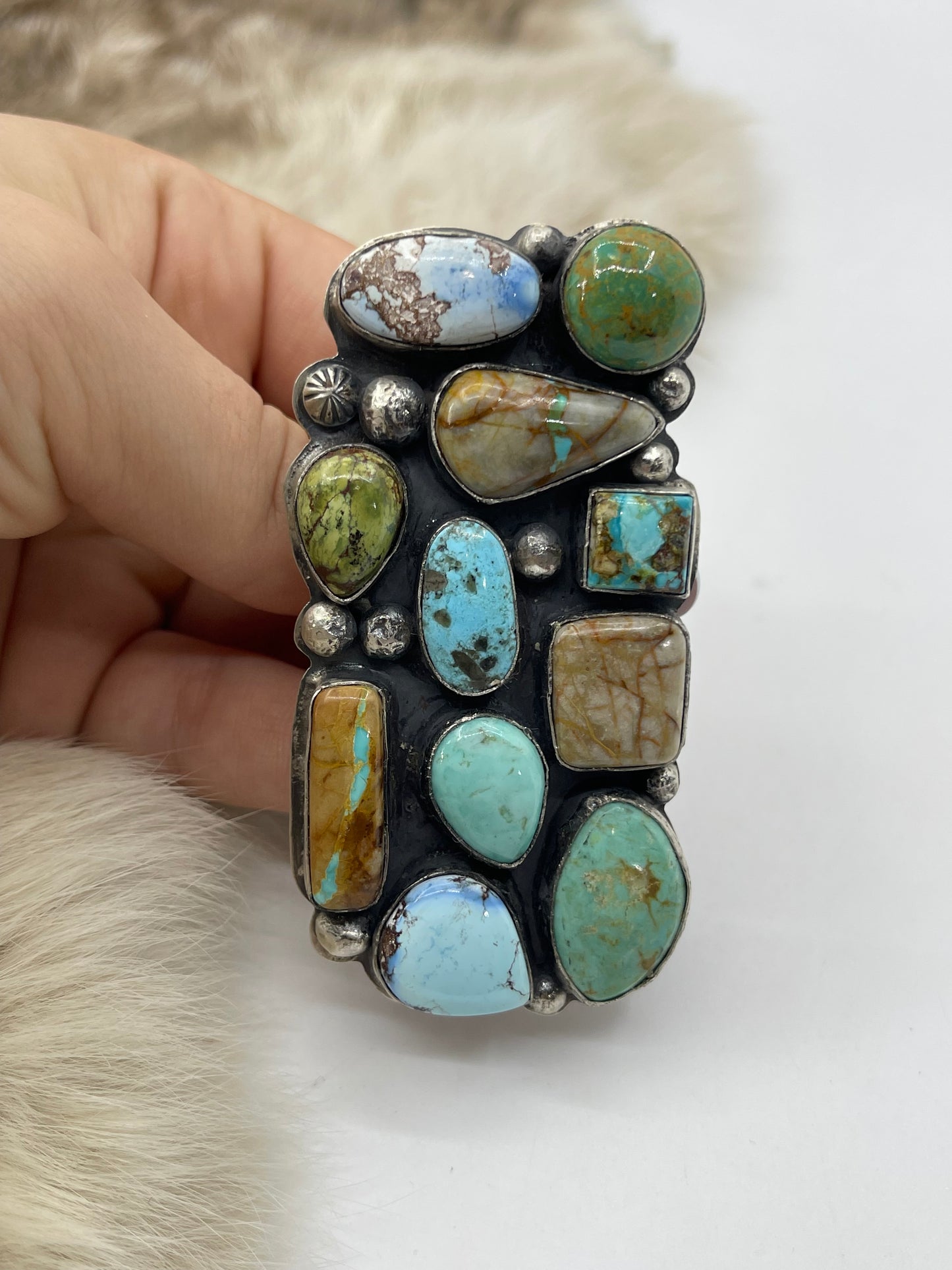 Adjustable Golden Hills, Boulder Ribbon, & Kingman Turquoise Cluster Ring by Boyd J. Ashley, Navajo