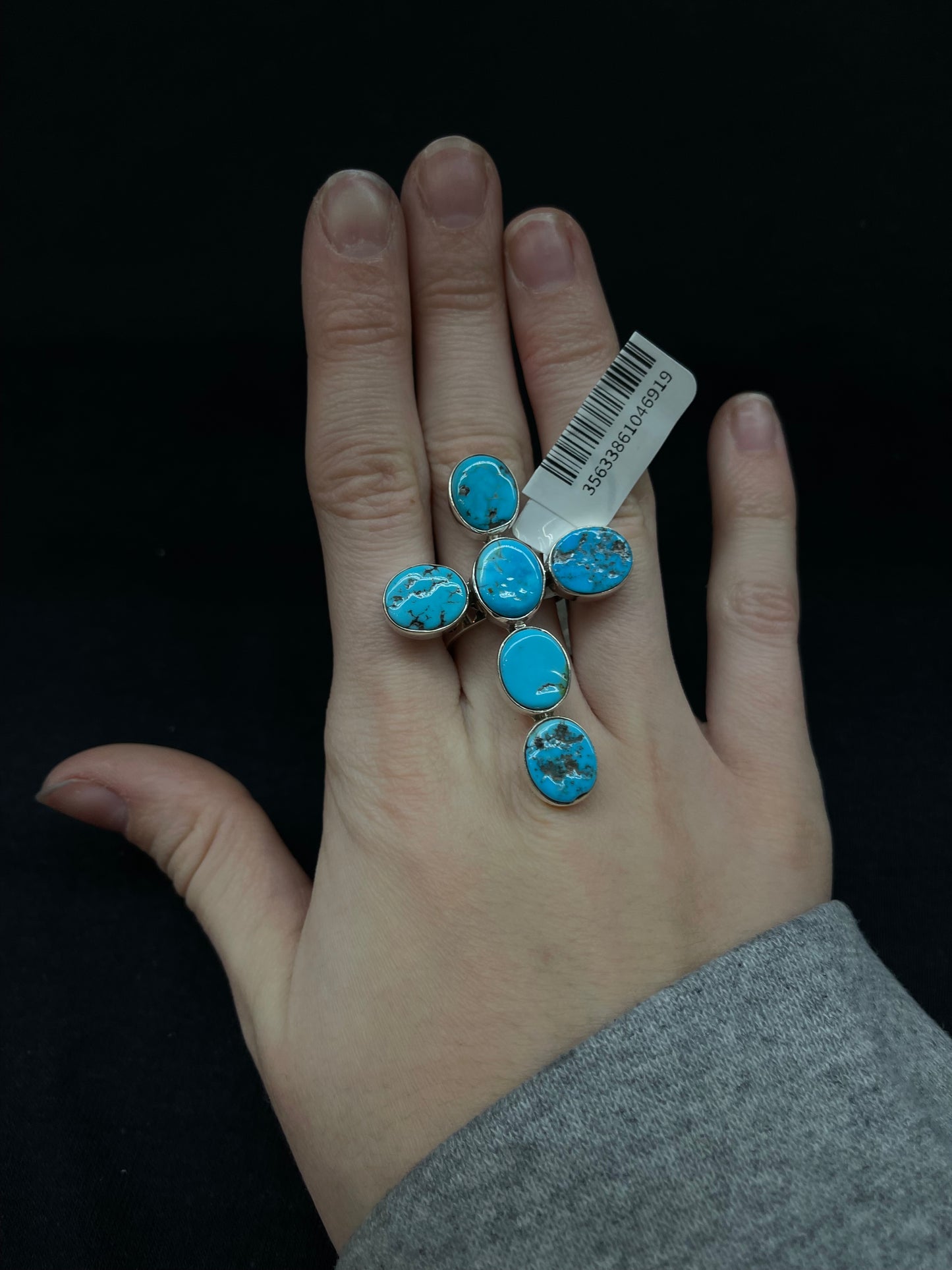 Adjustable Natural Sleeping Beauty Turquoise Cross Ring