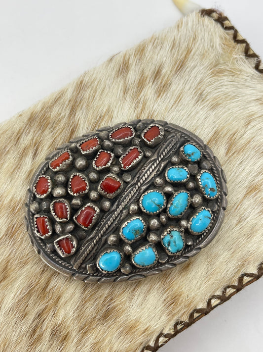 Vintage Sleeping Beauty Turquoise and Coral Belt Buckle, Navajo Made