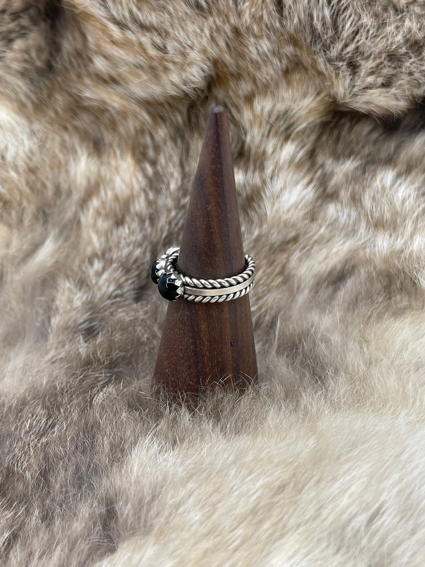 7.5 3 Stone Black Onyx Ring by Ray King, Navajo