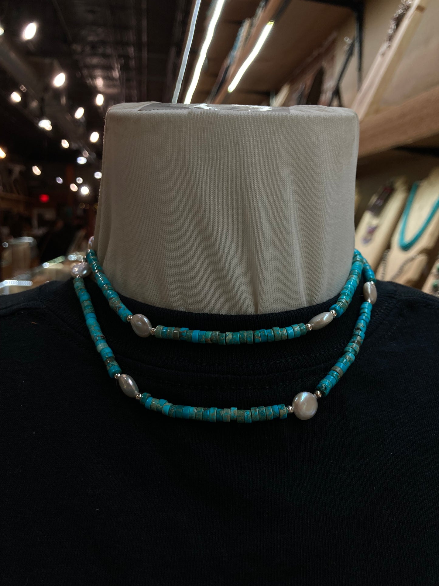 28" Turquoise Heishi Bead and Freshwater Pearls Necklace