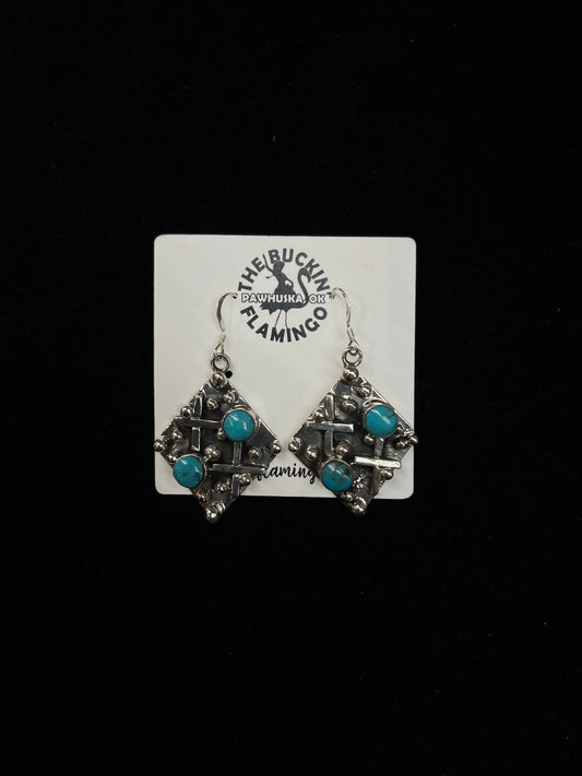 2 Stone Turquoise Dangle earrings by Harold Becenti, Navajo