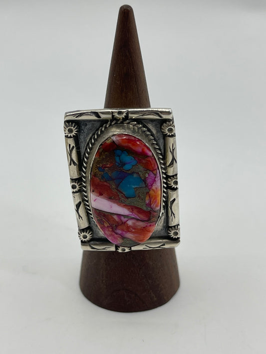 Adjustable Pink Dahlia Oval Ring by Jeff Largo, Navajo