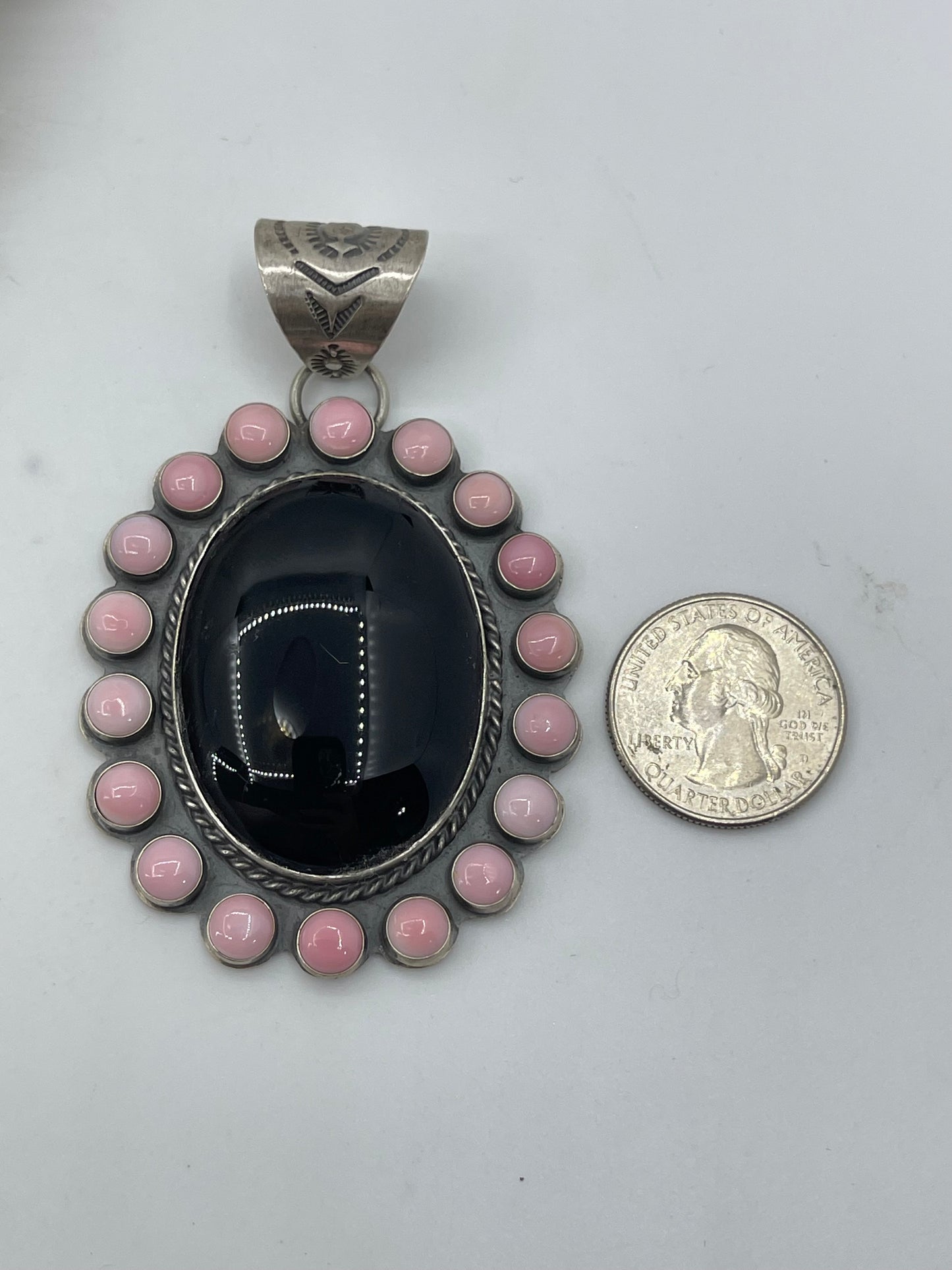 Black Onyx & Pink Conch Shell Cluster Pendant by Calvin Delgarito, Navajo