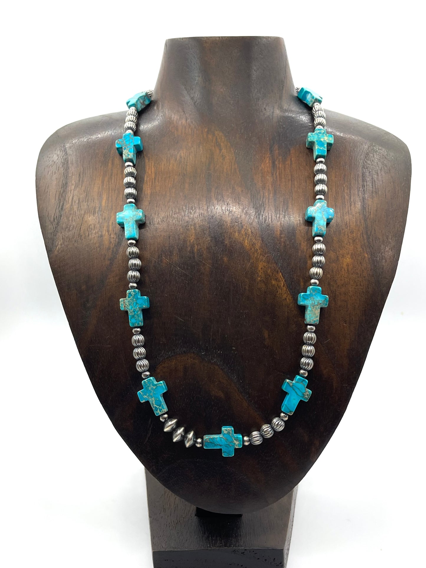 24" Silver Bead & Navajo Style Pearls with Turquoise Crosses