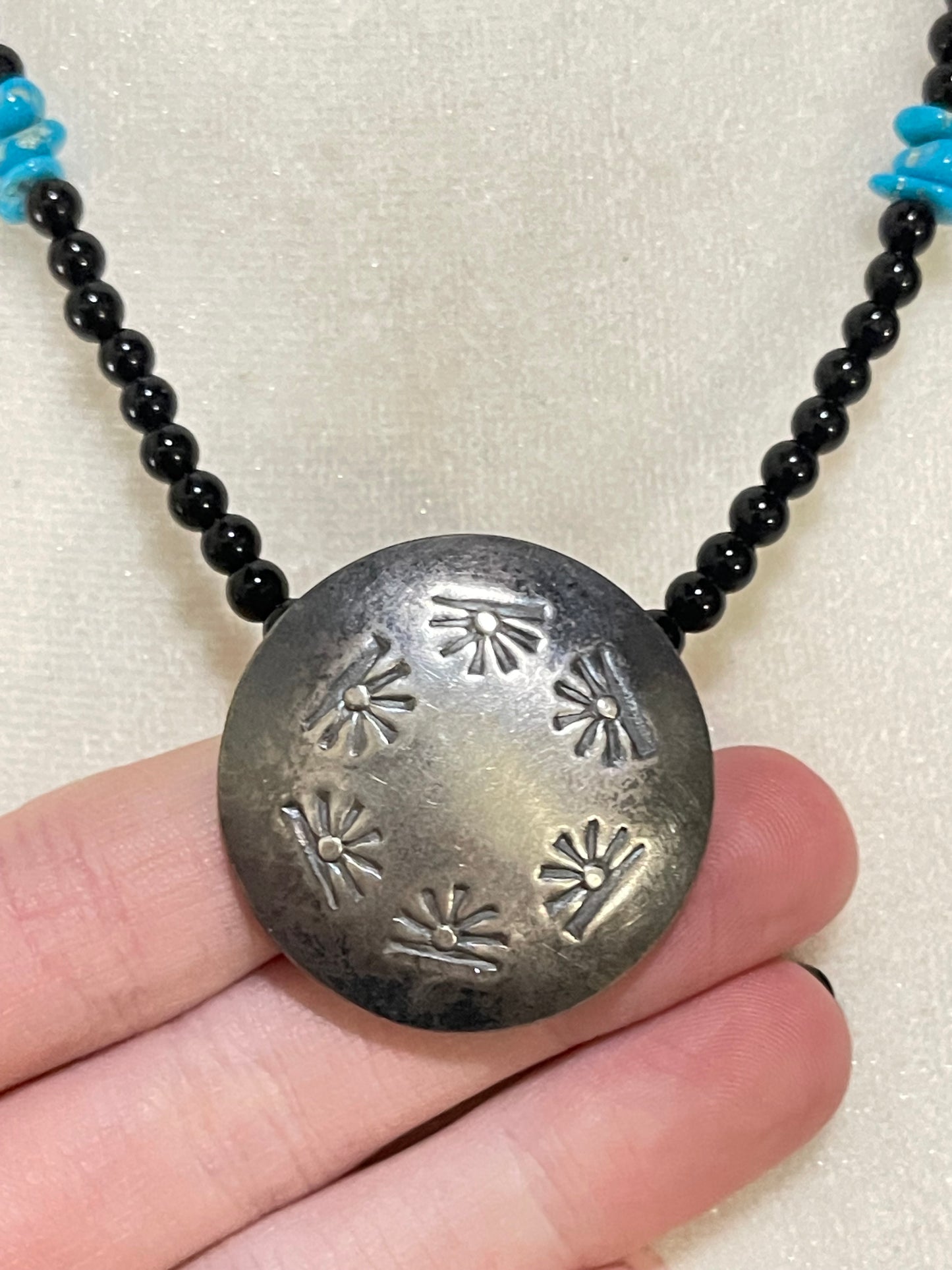 16" Black Onyx and Turquoise Beaded Necklace with a Stamped Pillow Bead by Maryetta Kellywood, Navajo
