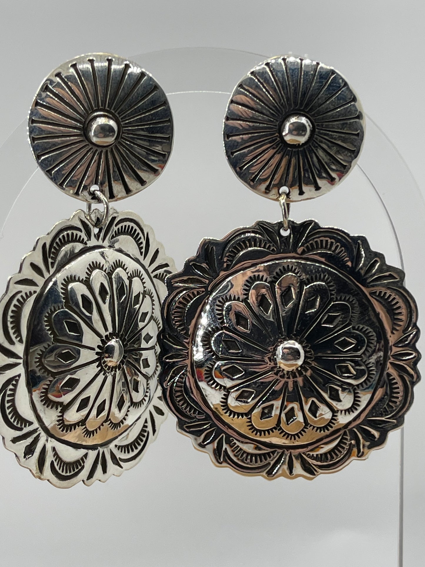 Silver Double Concho Post Dangles by Genevieve Blackgoat, Navajo