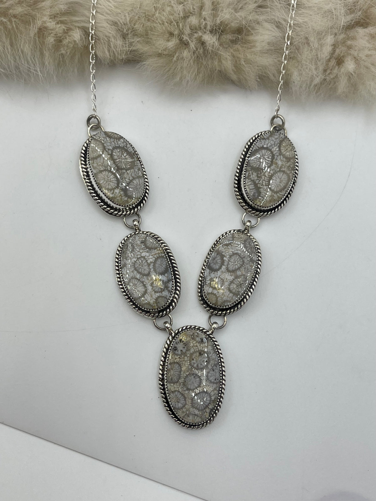 5 Stone Necklace & Earring Set Fossil Coral by Joe Begay, Navajo