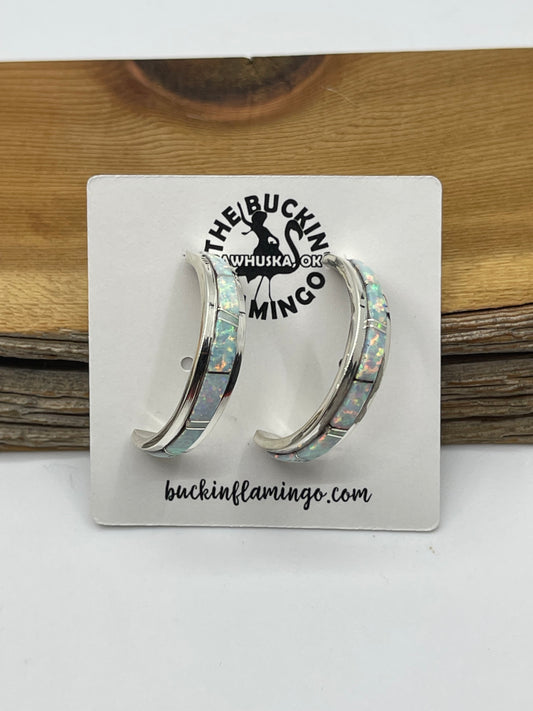 White Opal Inlay Half Post Hoop Earrings by Wilbert Muskett Jr. Navajo