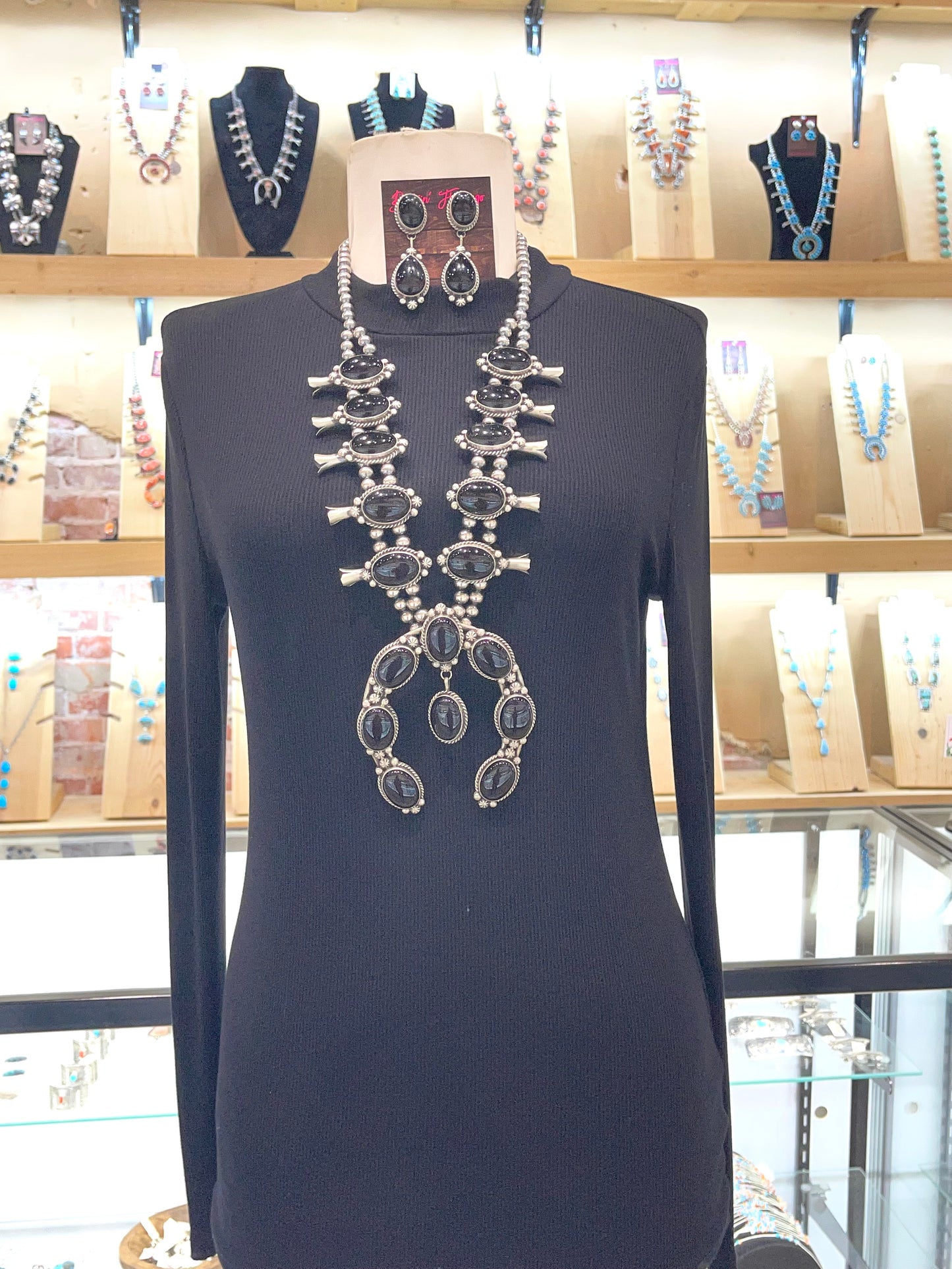 30" Black Onyx Squash Blossom & Earring Set by Augustine Largo, Navajo