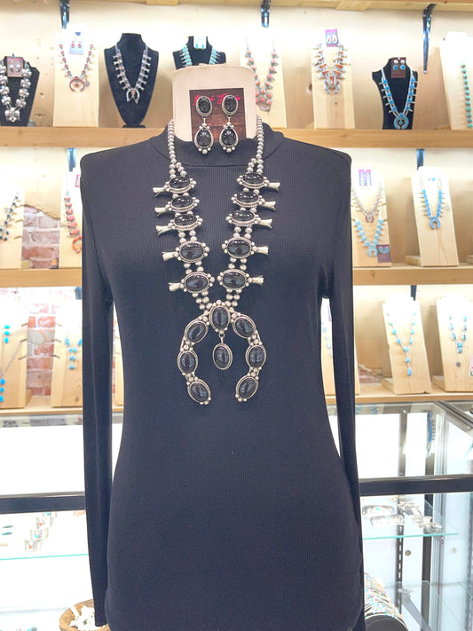 30" Black Onyx Squash Blossom & Earring Set by Augustine Largo, Navajo