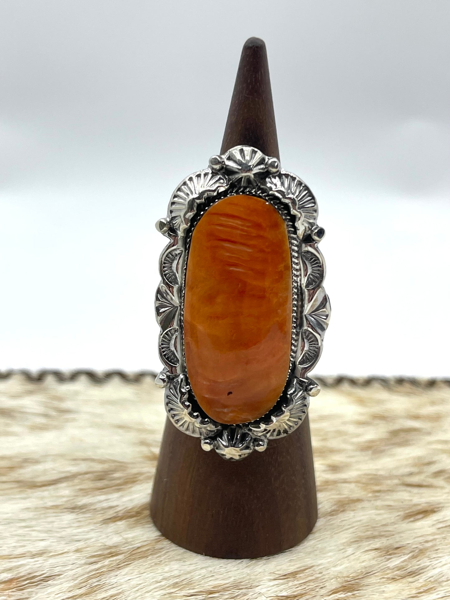 7.0 Orange Spiny Oyster Ring by Emerson Delgarito, Navajo