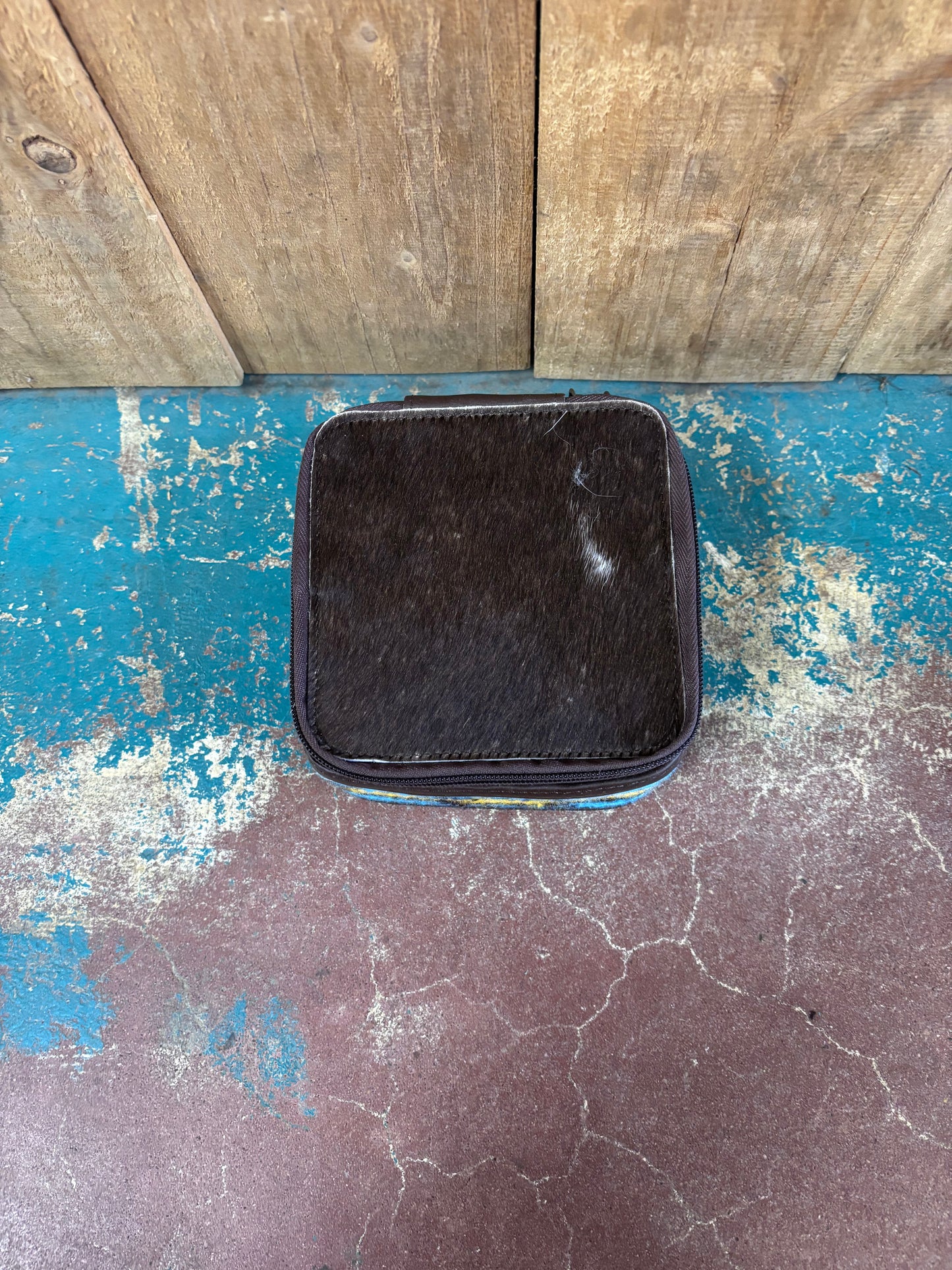 Small Square Brown Cowhide Blue Knitted Jewelry Box