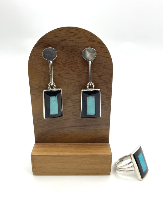 Set - Turquoise & Black Onyx Inlay 7.5 Ring & Earrings