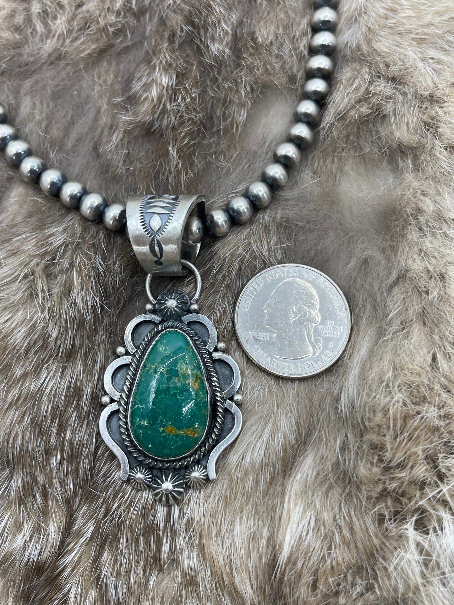 Sonoran Gold Turquoise Pendant with 18" 6mm Navajo Style Pearls by Tom Lewis, Navajo