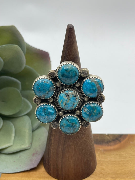 7.0 Turquoise Cluster Ring by Charlene Yazzie, Navajo