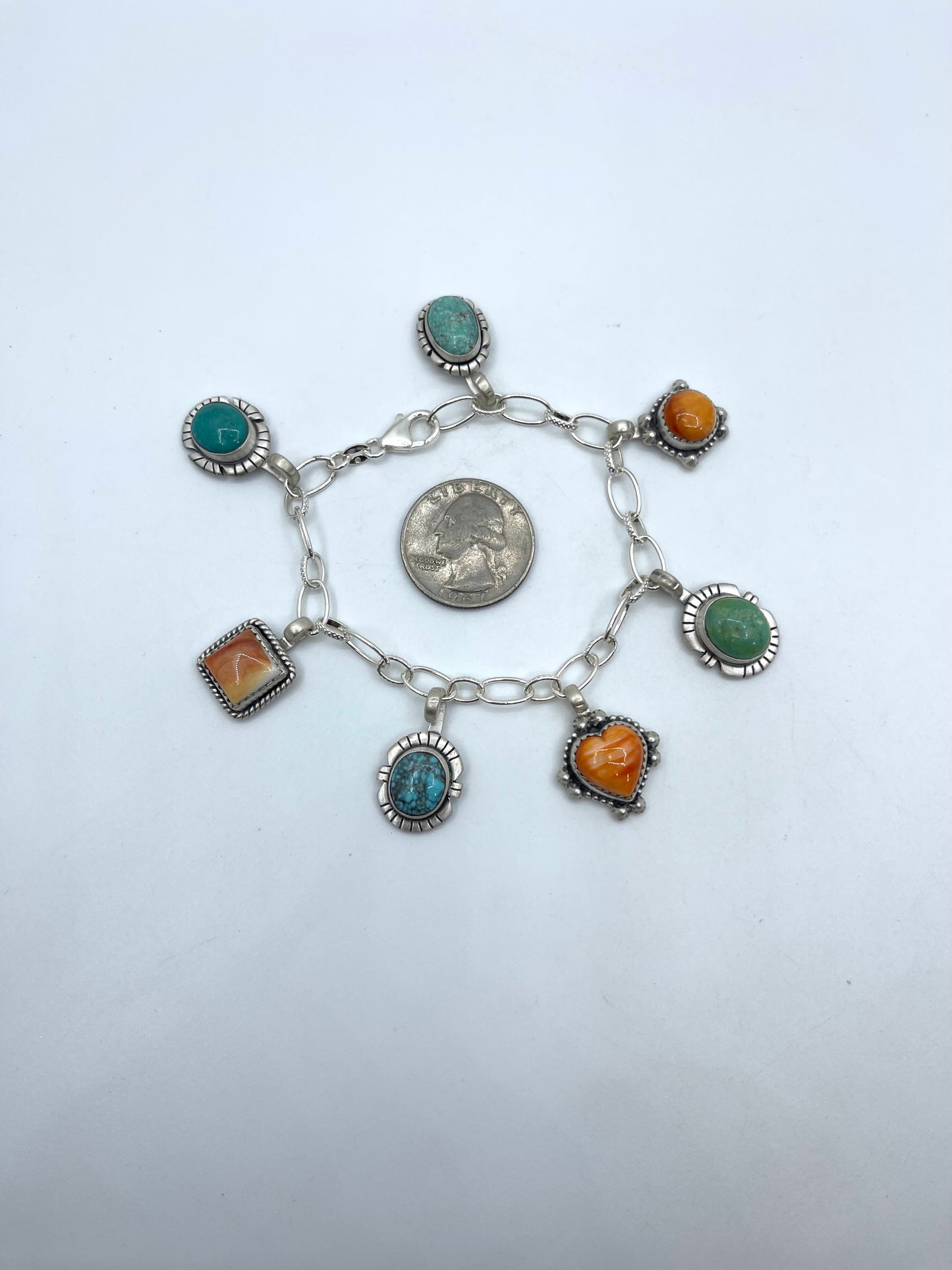 7.0” Kingman Turquoise & Orange Spiny Charm Bracelet