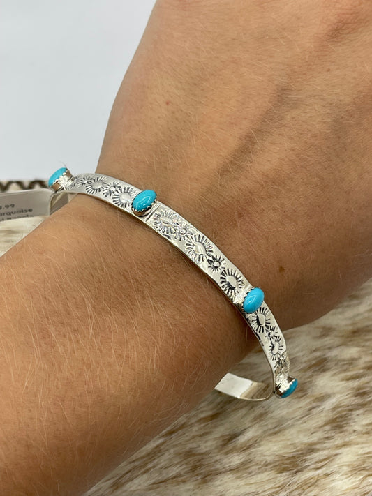 8 1/2" Turquoise Stamped Bangle by Phyllis Smith, Navajo