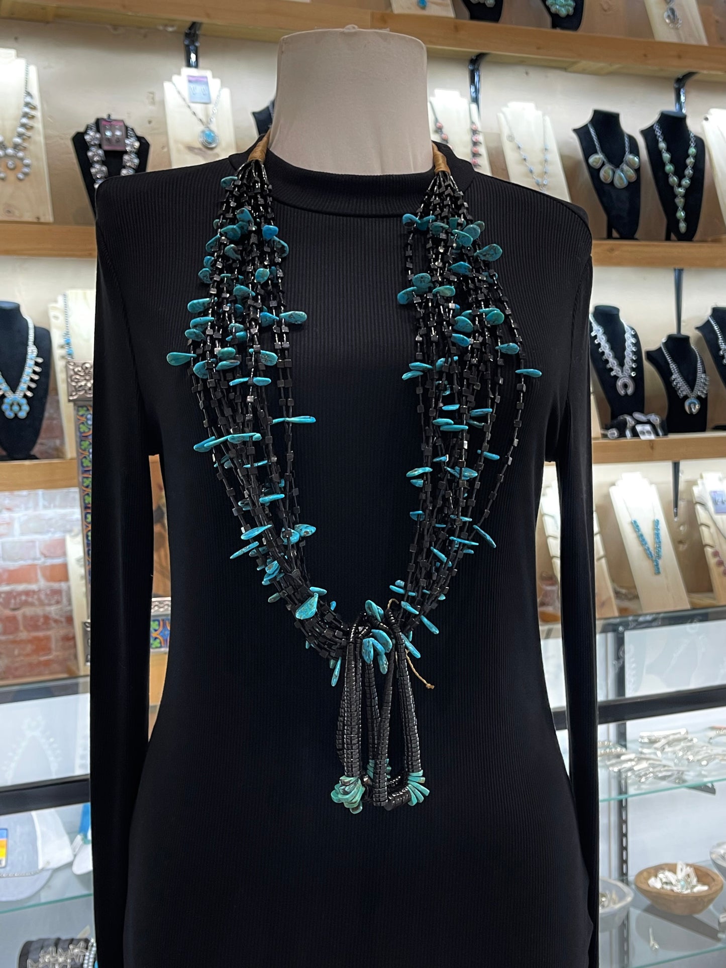 38" Black Onyx & Kingman Turquoise Necklace with Jackla