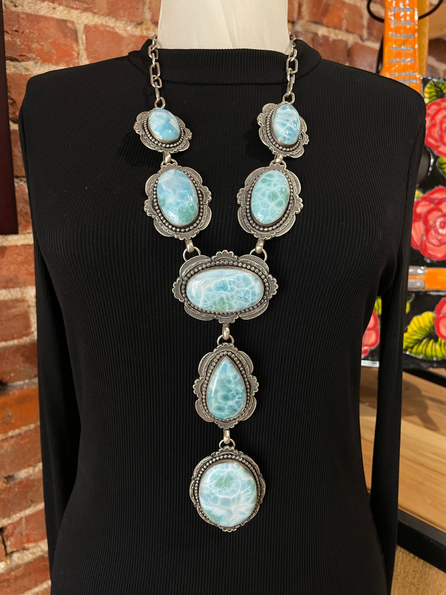 26"+6" Larimar Lariat Necklace by Tim Vandever, Navajo