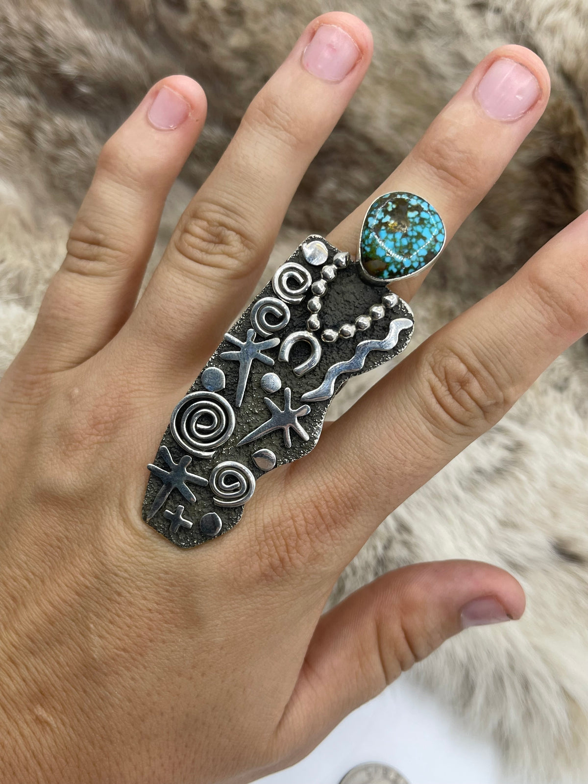 9.0 Kingman Web Turquoise “Grandmother” Petroglyph Ring by Alex Sanchez, Navajo