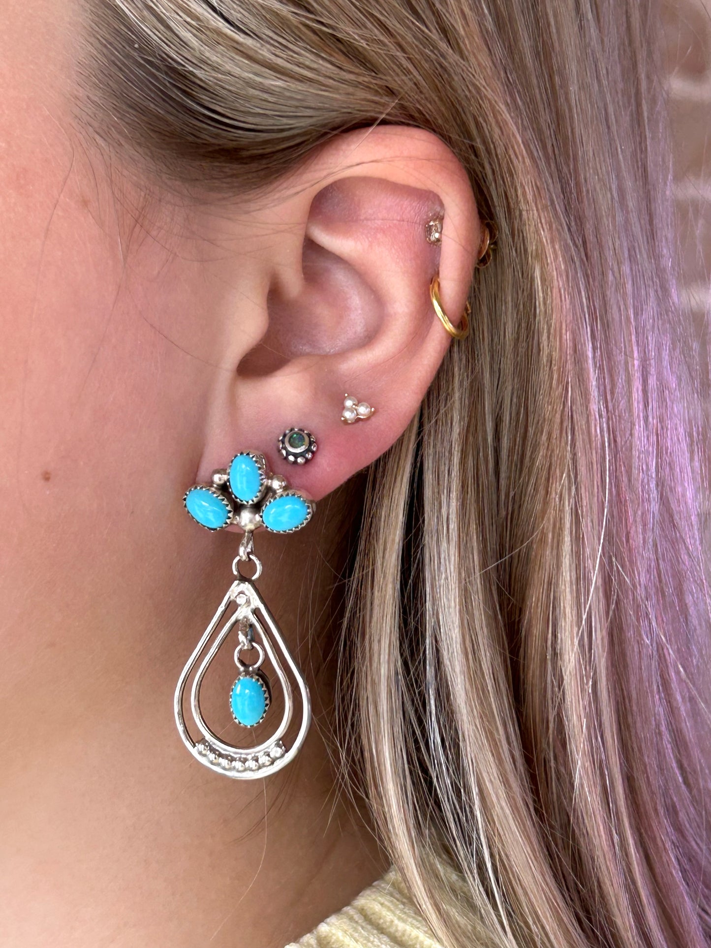 Sleeping Beauty Turquoise Cluster Teardrop Post Dangle earrings by Anna Spencer, Navajo