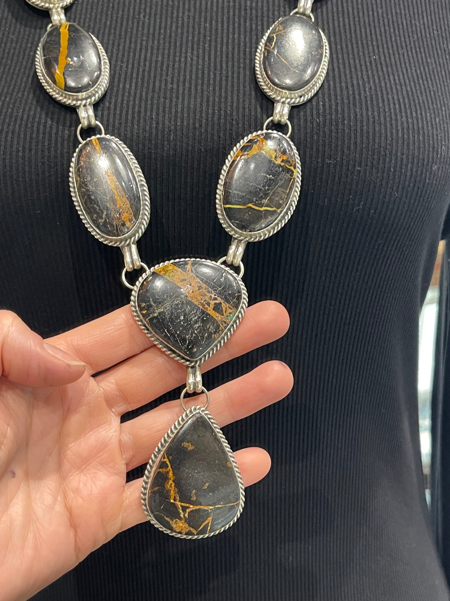 30" Blackjack Turquoise Lariat Necklace by Delbert Secatero, Navajo