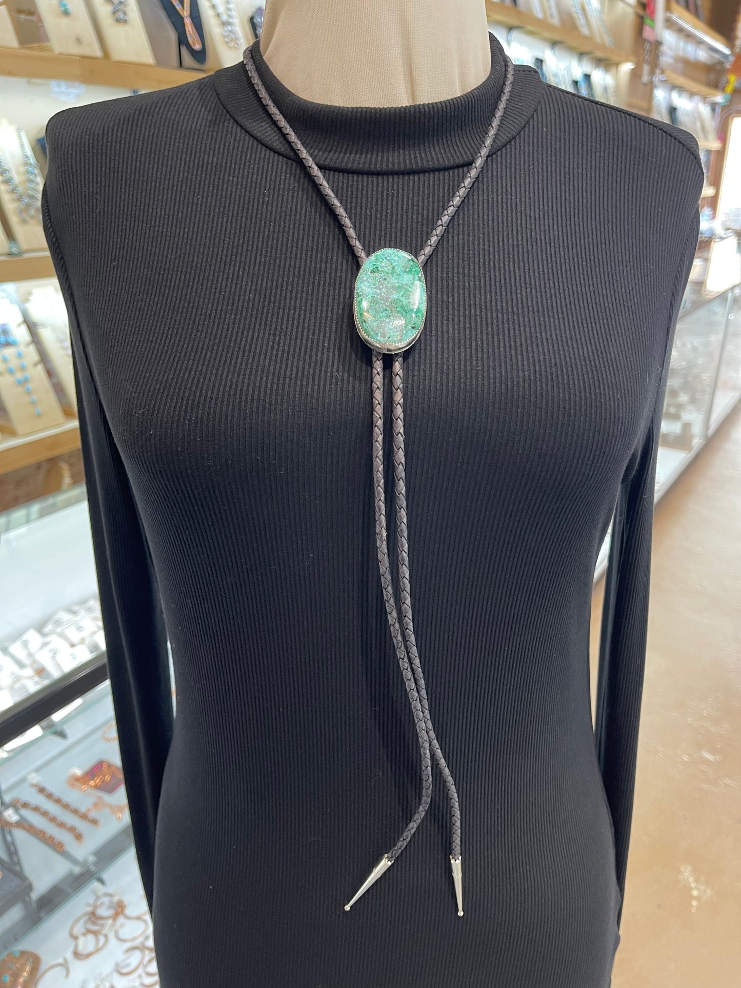 Chrysocolla Malachite Bolo Tie by Carrie Cannon, Kiowa