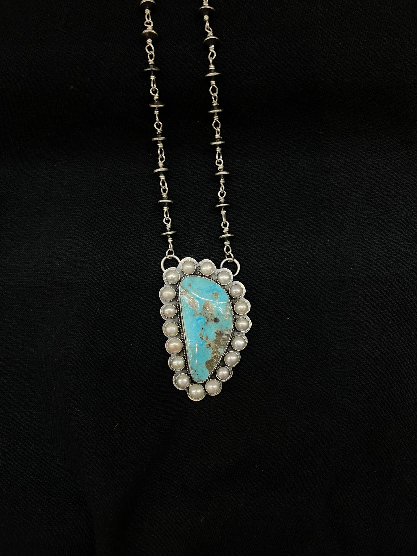 20" Turquoise and Freshwater Pearls Necklace with Navajo Saucer Pearls by Kevin Begay, Navajo