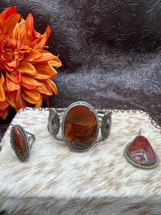 Vintage Petrified Wood Bracelet, Pendant & Ring Set