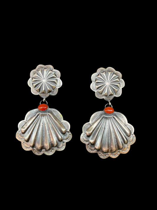 Red Coral Conch Earrings by Rita Daye, Navajo