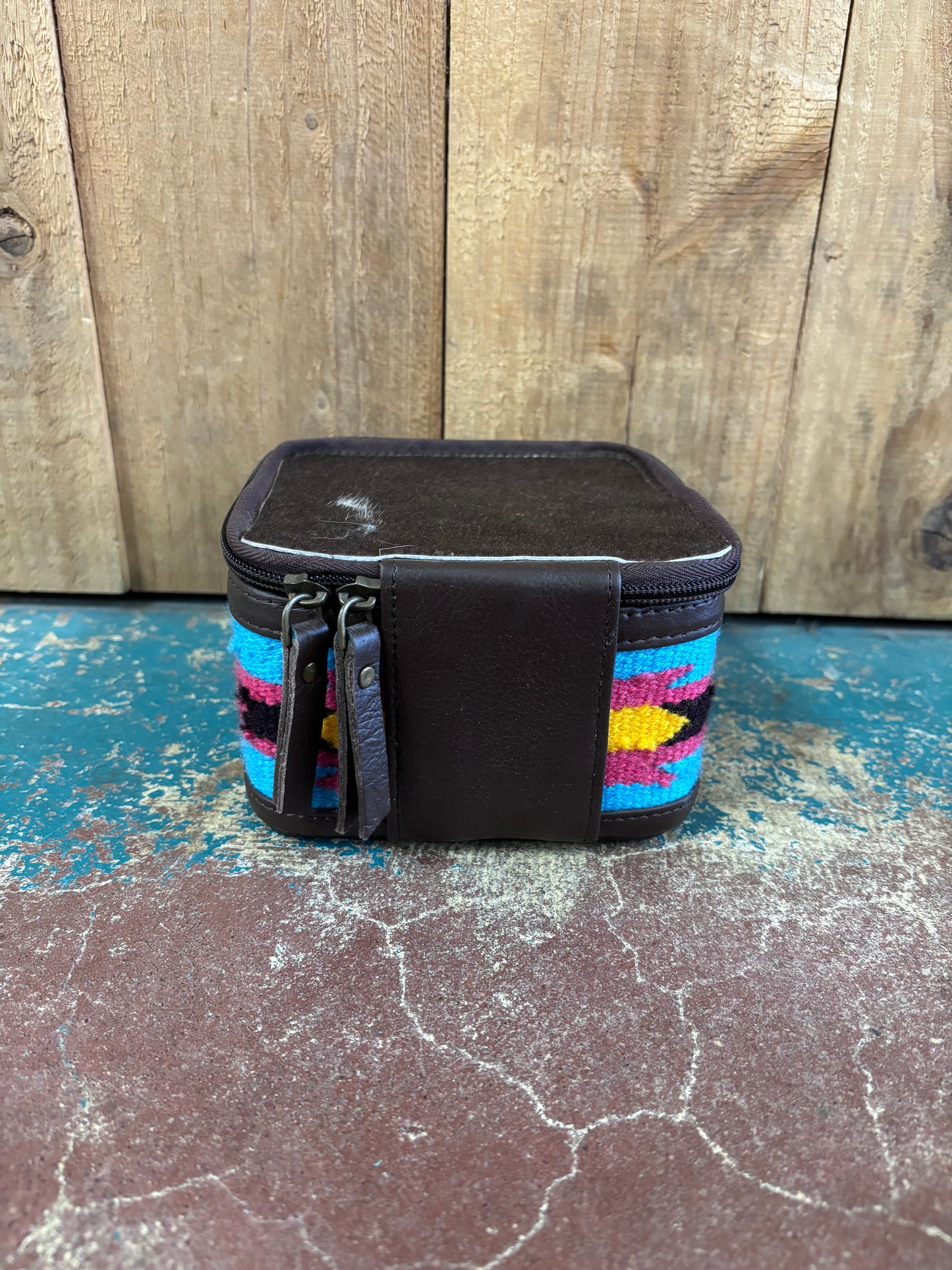 Small Square Brown Cowhide Blue Knitted Jewelry Box