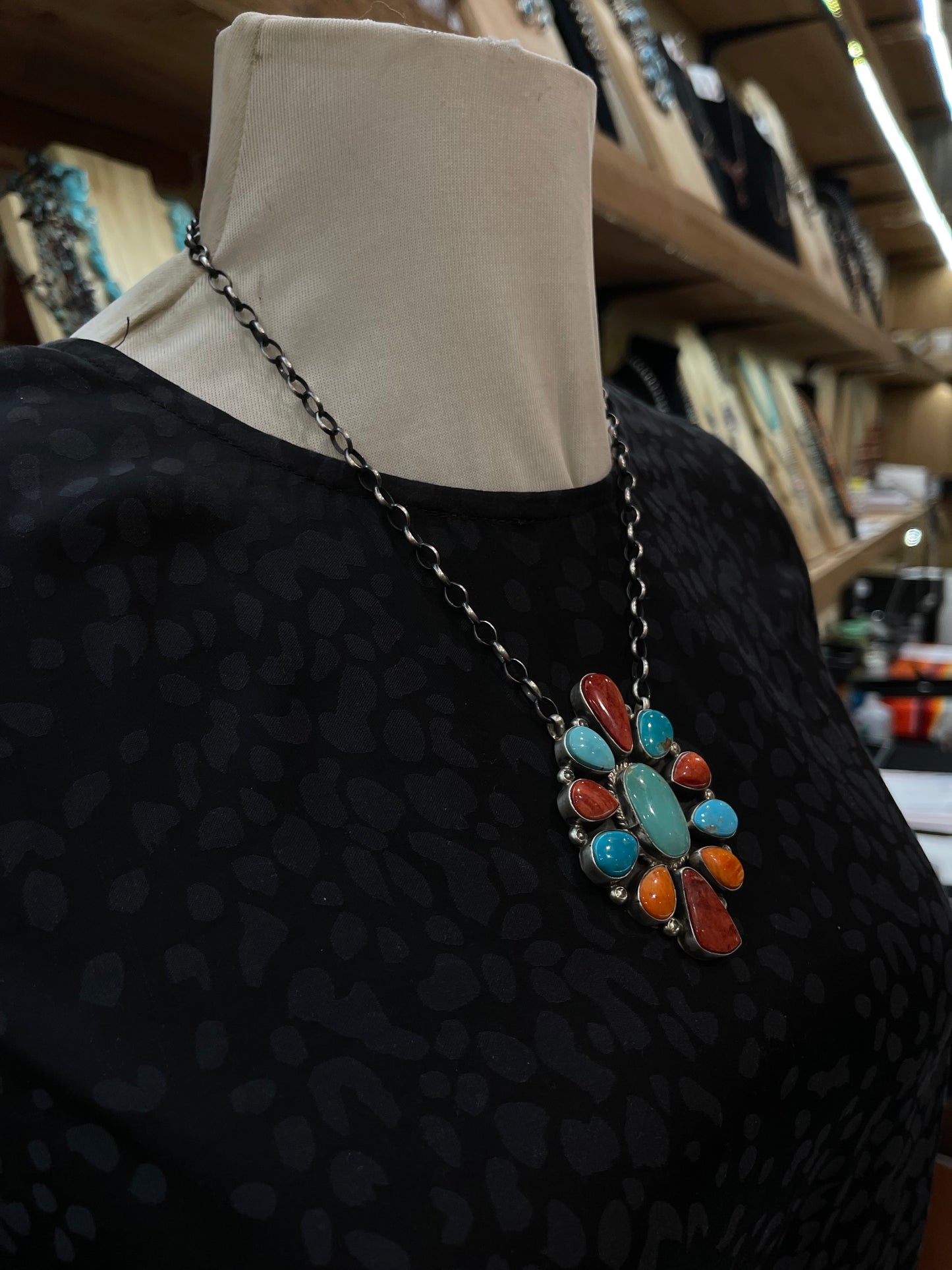 18" Turquoise and Spiny Oyster Shell Cluster Necklace by Elouise Kee, Navajo