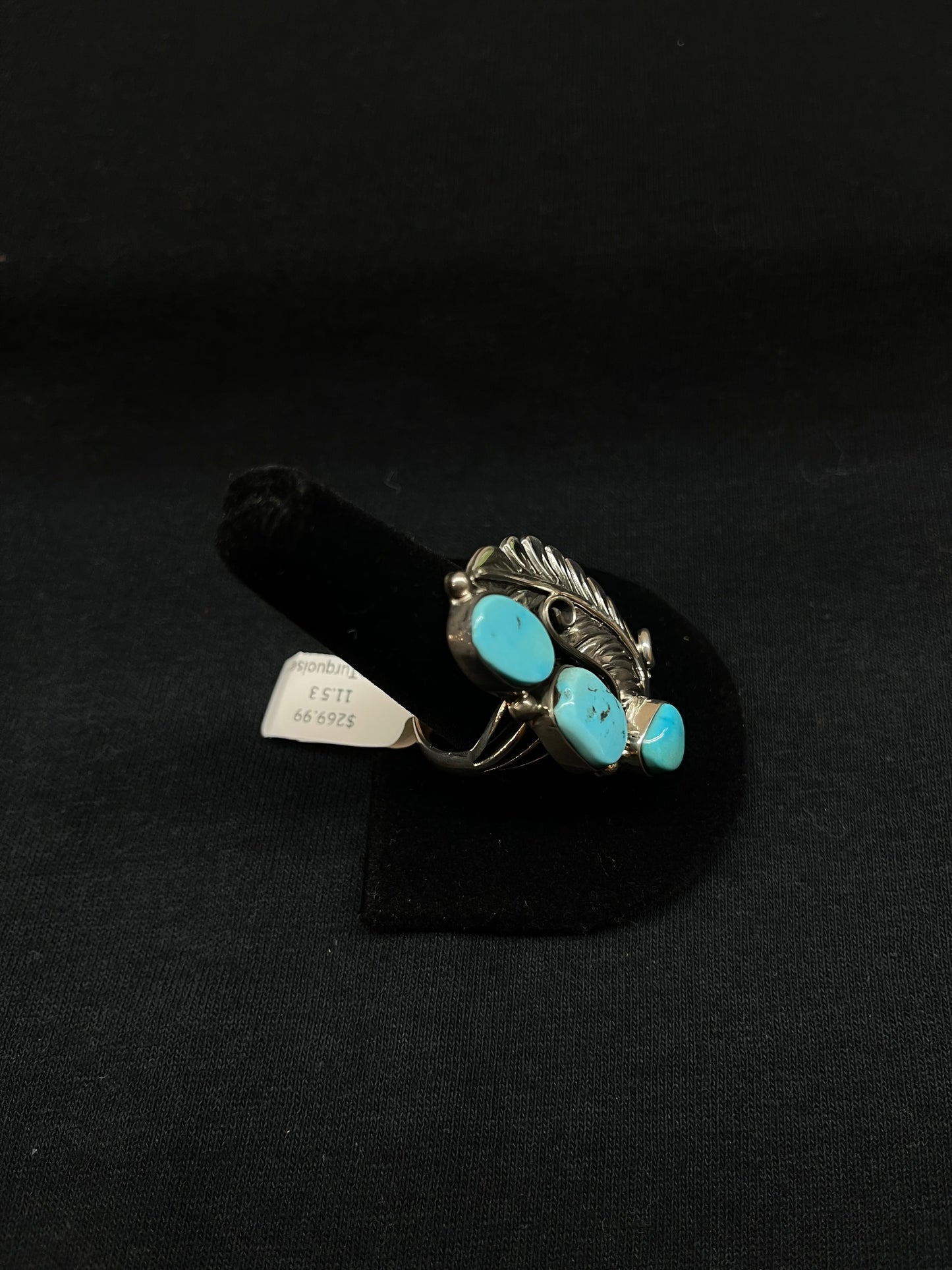 9.0 3 Stone Turquoise Feather Ring by Bernita Begay, Navajo