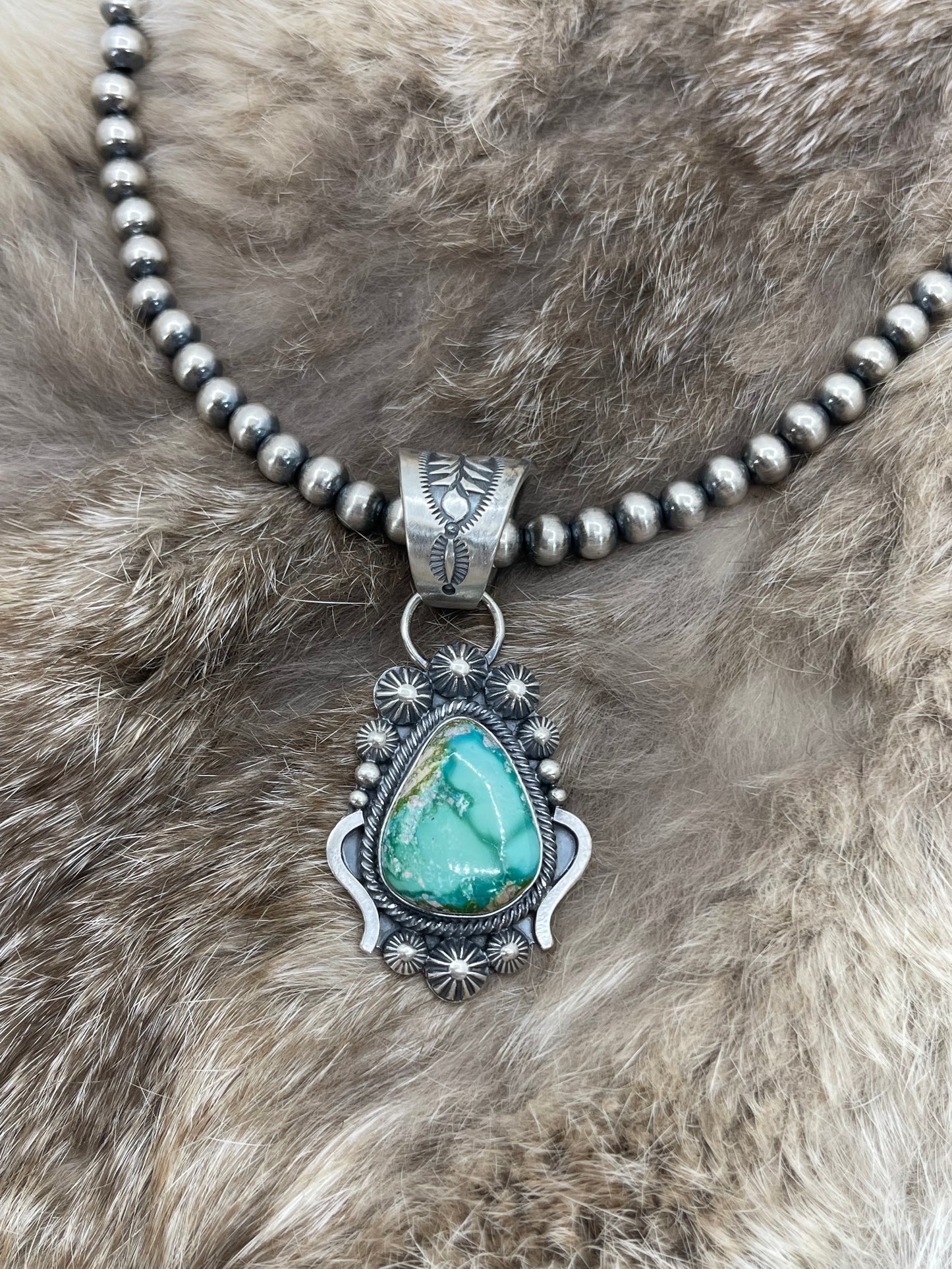 Sonoran Gold Turquoise Pendant with 18" 6mm Navajo Style Pearls by Tom Lewis, Navajo
